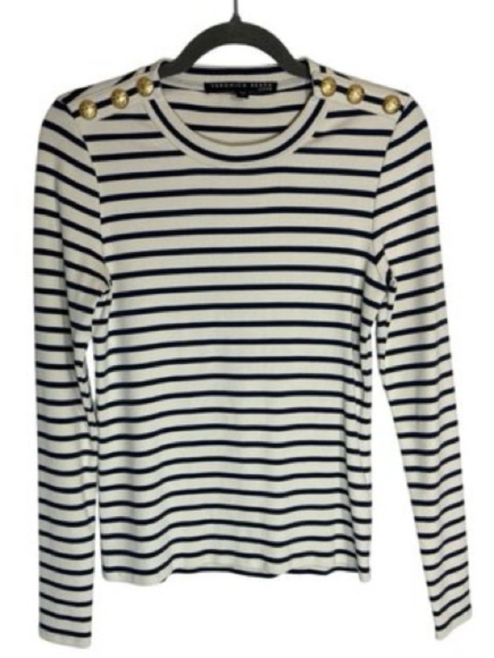 Veronica Beard Navy and White Striped Top with Gold Buttons